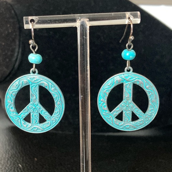 Jewelry - Peace Love Sign Symbol Round Antique Vintage Bronze Turquoise Colored Earrings
